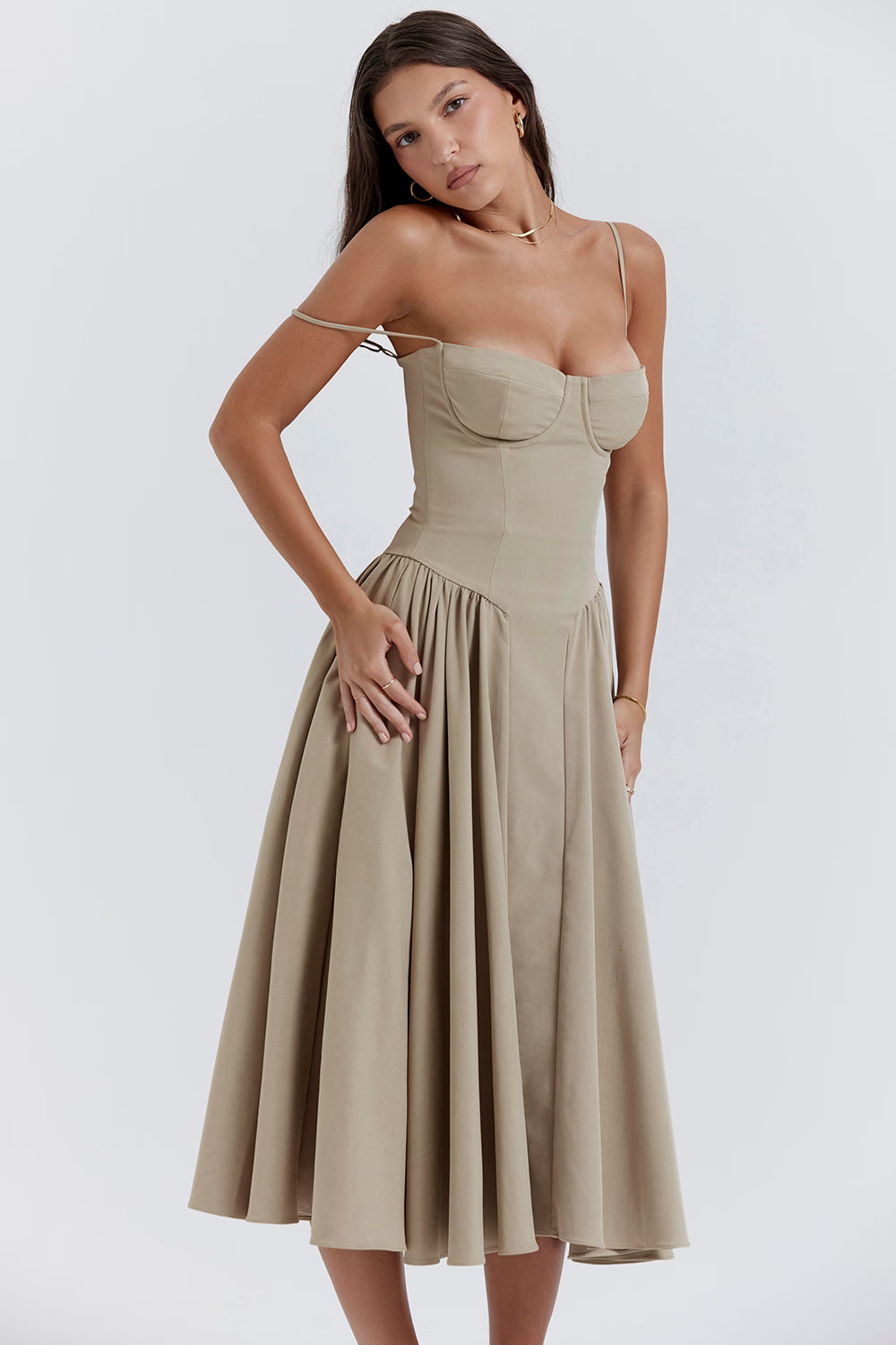 Beige corset sundress with thin straps and full midi skirt — House of CB | Endless UAE