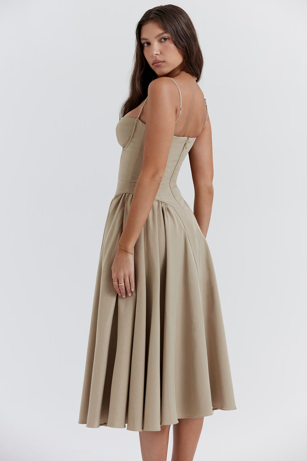Beige corset sundress with thin straps and full midi skirt — House of CB | Endless UAE