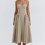 Beige corset sundress with thin straps and full midi skirt — House of CB | Endless UAE