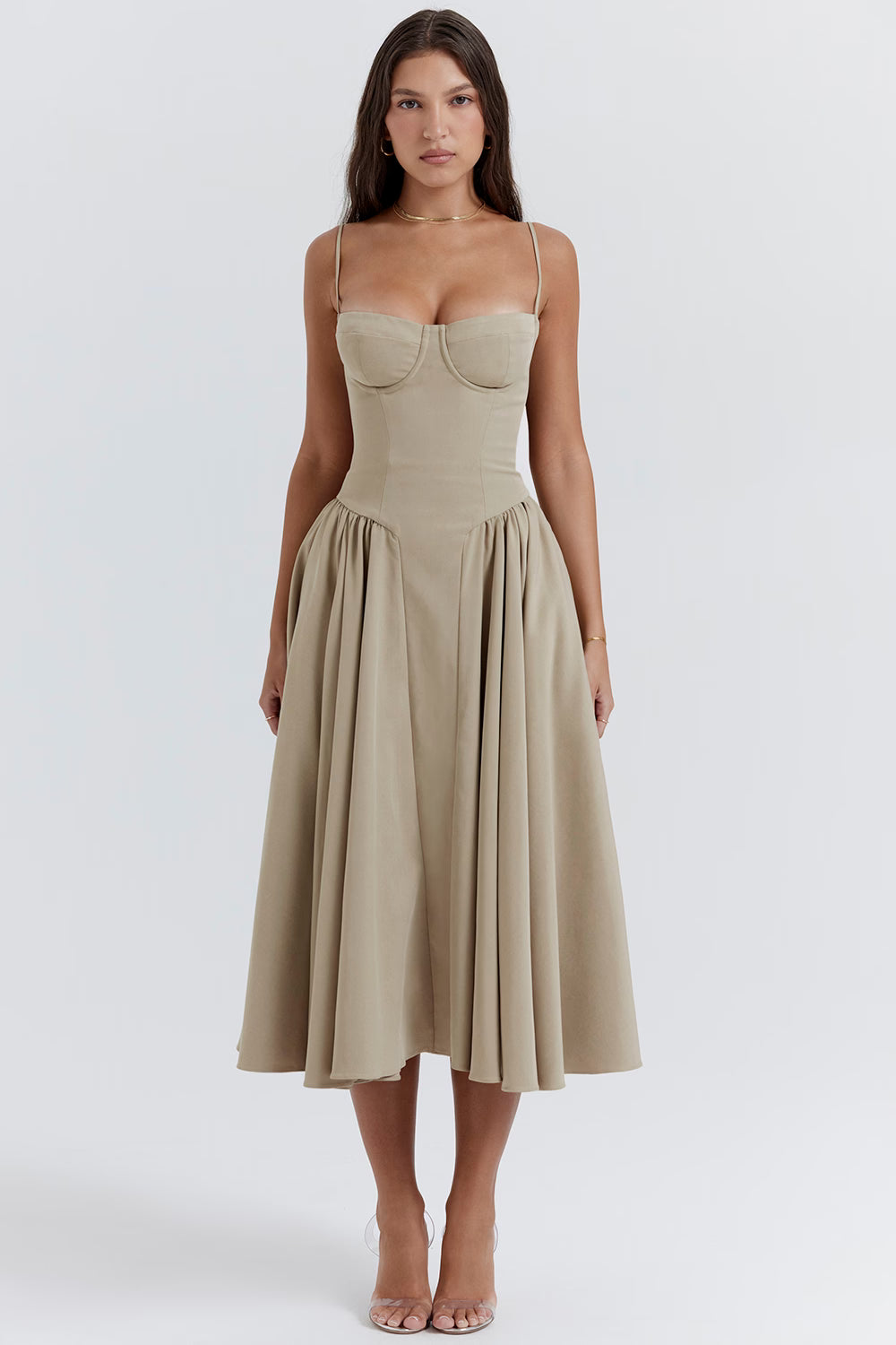 Beige corset sundress with thin straps and full midi skirt — House of CB | Endless UAE