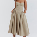 Beige corset sundress with thin straps and full midi skirt — House of CB | Endless UAE