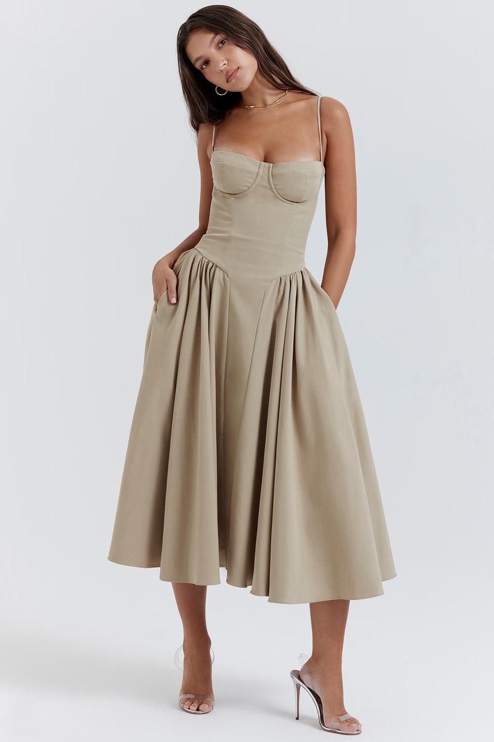 Beige corset sundress with thin straps and full midi skirt — House of CB | Endless UAE