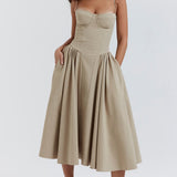 Beige corset sundress with thin straps and full midi skirt — House of CB | Endless UAE