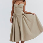 Beige corset sundress with thin straps and full midi skirt — House of CB | Endless UAE