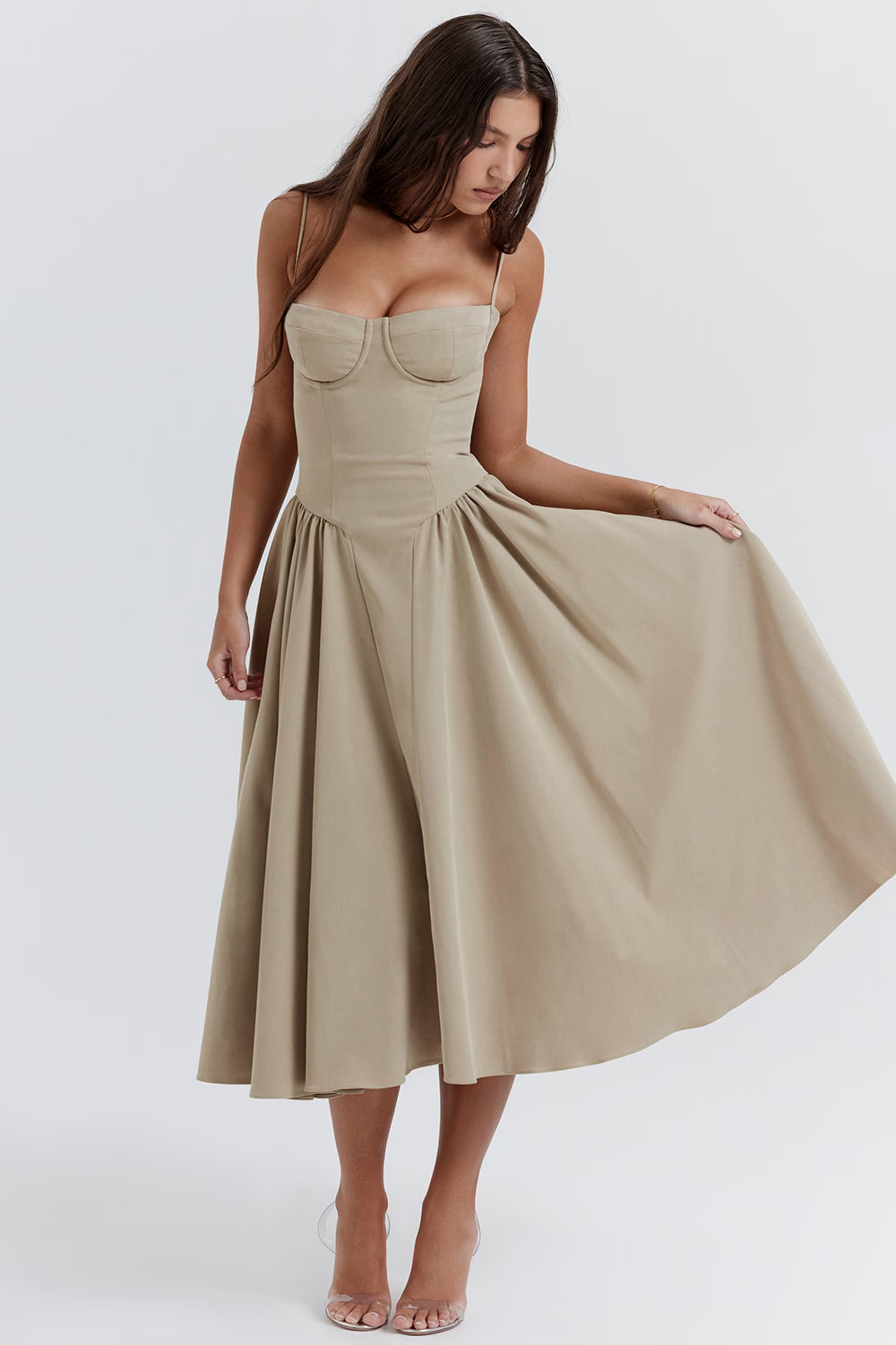 Beige corset sundress with thin straps and full midi skirt — House of CB | Endless UAE
