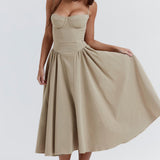 Beige corset sundress with thin straps and full midi skirt — House of CB | Endless UAE