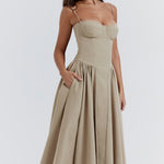 Beige corset sundress with thin straps and full midi skirt — House of CB | Endless UAE