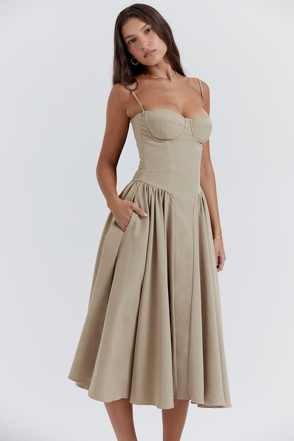Beige corset sundress with thin straps and full midi skirt — House of CB | Endless UAE
