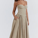Beige corset sundress with thin straps and full midi skirt — House of CB | Endless UAE