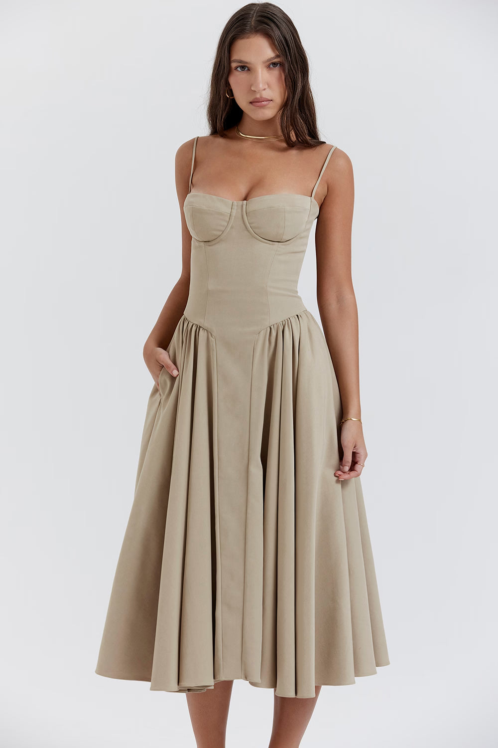 Beige corset sundress with thin straps and full midi skirt — House of CB | Endless UAE