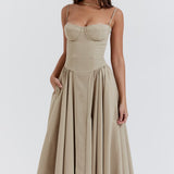 Beige corset sundress with thin straps and full midi skirt — House of CB | Endless UAE