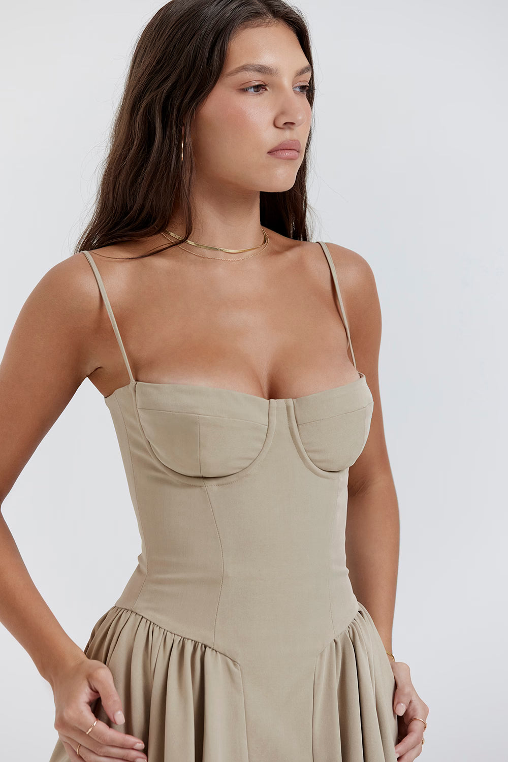 Beige corset sundress with thin straps and full midi skirt — House of CB | Endless UAE