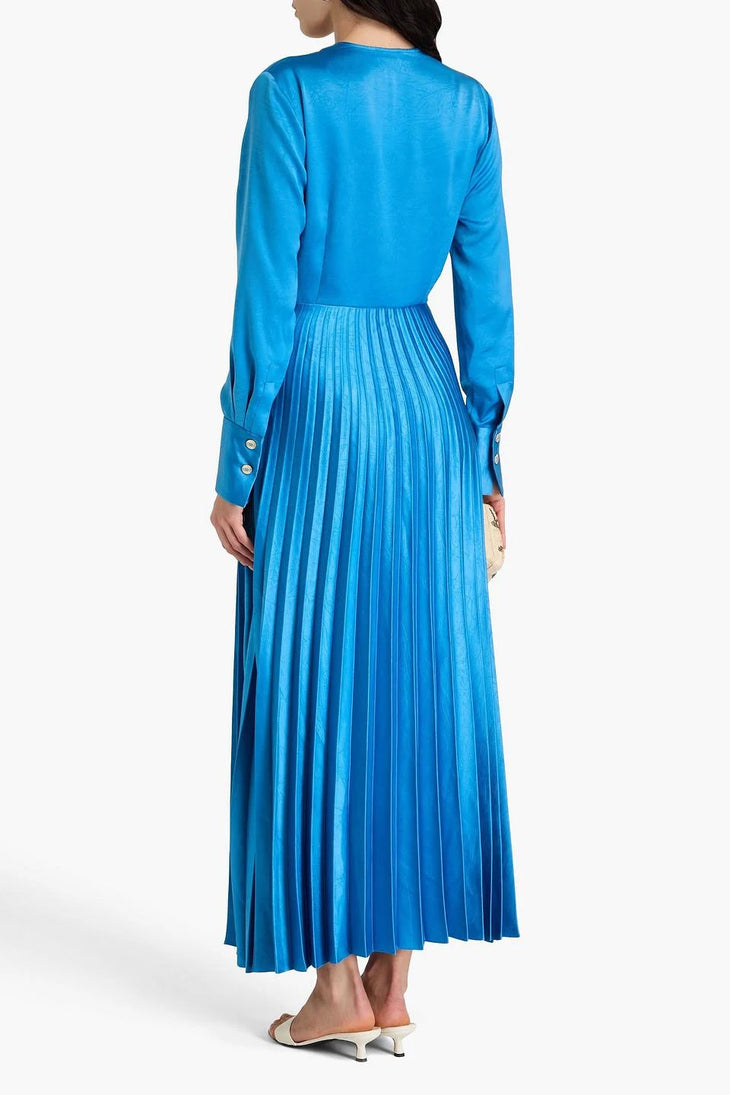Blue pleated satin-effect midi dress with long sleeves and button cuff details, shown from back view — Sandro | Endless UAE