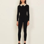Black ribbed cardigan with crochet collar and long sleeves — Sandro | Endless UAE