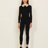 Black ribbed cardigan with crochet collar and long sleeves — Sandro | Endless UAE
