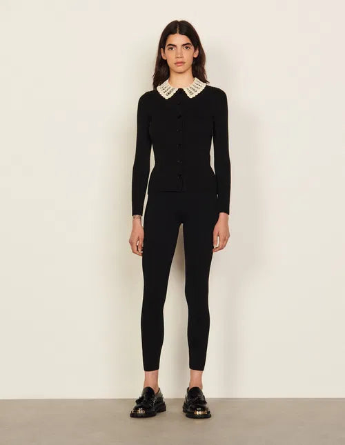 Black ribbed cardigan with crochet collar and long sleeves — Sandro | Endless UAE