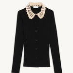 Black ribbed cardigan with crochet collar and long sleeves — Sandro | Endless UAE