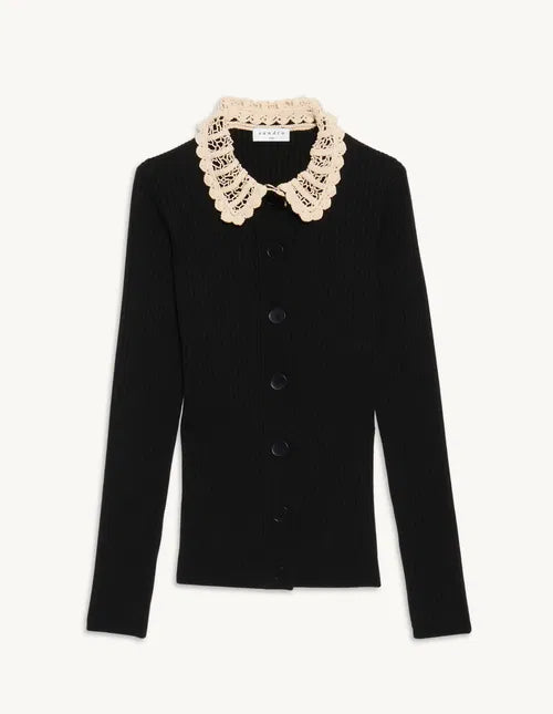 Black ribbed cardigan with crochet collar and long sleeves — Sandro | Endless UAE