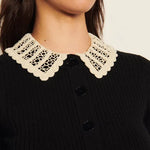 Black ribbed cardigan with crochet collar and long sleeves — Sandro | Endless UAE