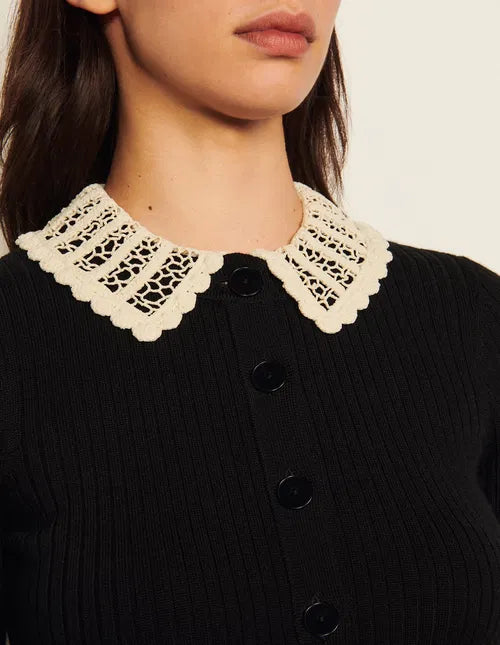 Black ribbed cardigan with crochet collar and long sleeves — Sandro | Endless UAE