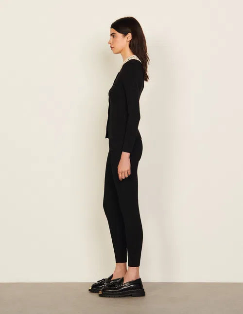 Black ribbed cardigan with crochet collar and long sleeves — Sandro | Endless UAE
