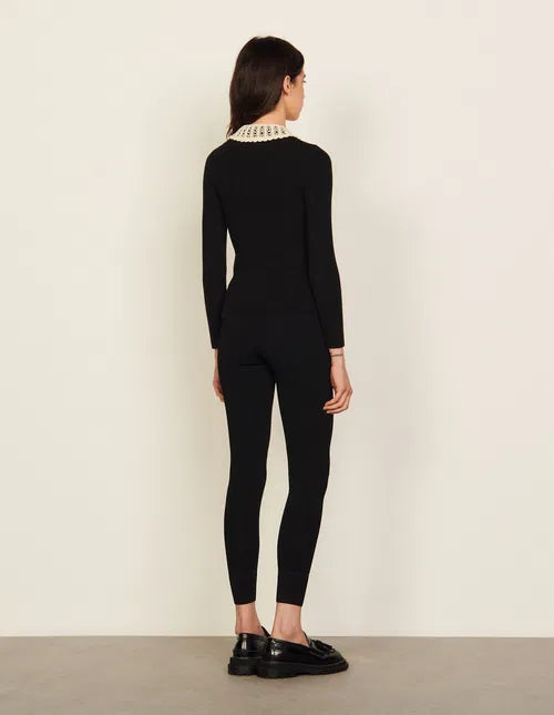 Black ribbed cardigan with crochet collar and long sleeves — Sandro | Endless UAE