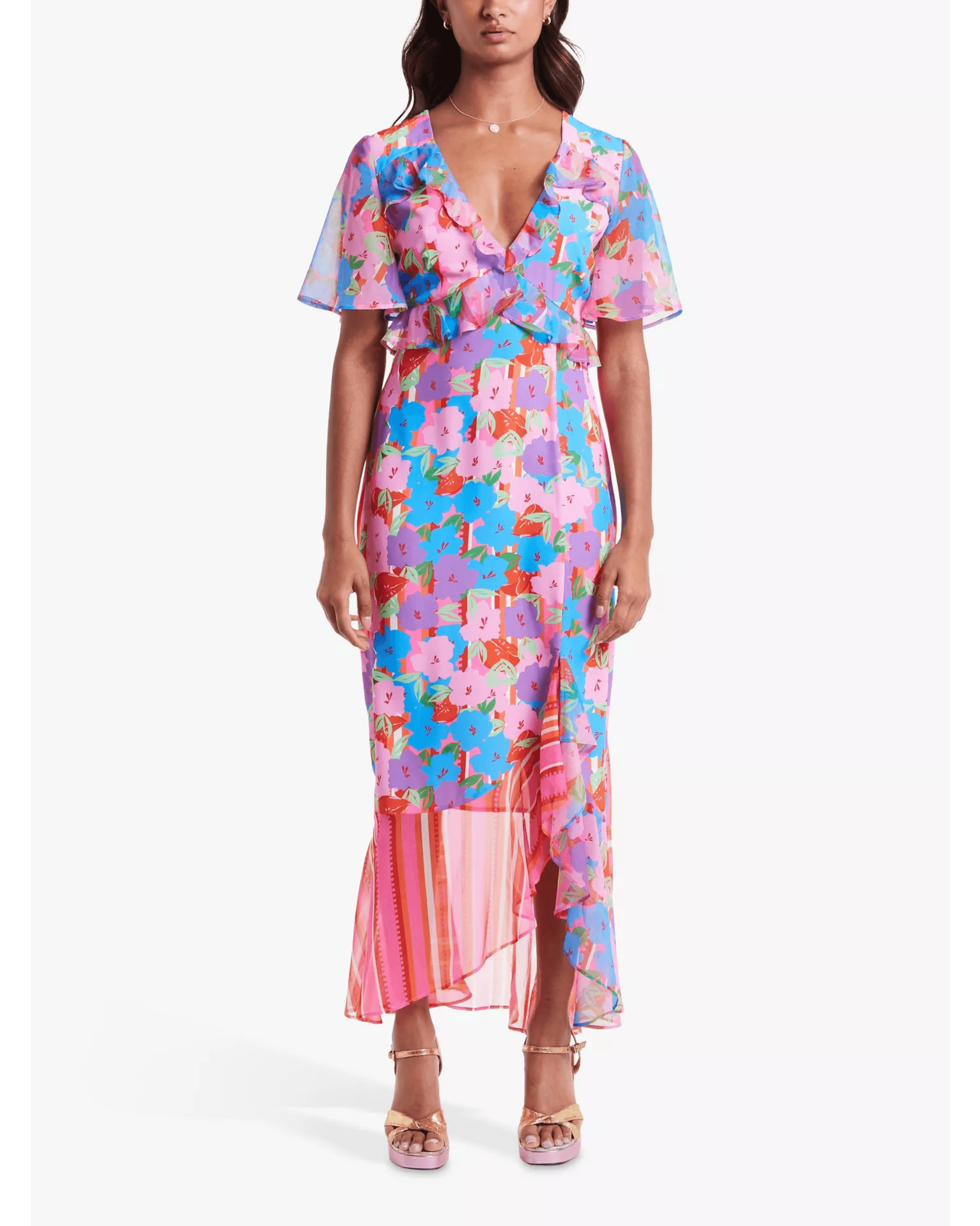 Saskia Floral & Stripe Ruffle Hem Midi Dress - Endless - UAE Rental and Resale for Women's Fashion