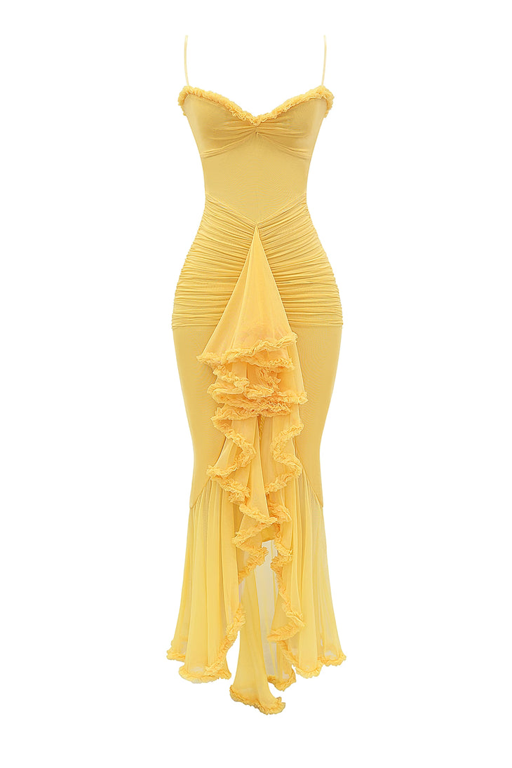 Elegant yellow ruched gown with ruffled slit and spaghetti straps — House of CB | Endless UAE