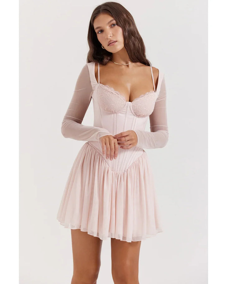 Soft peach corset mini dress with lace bodice and pleated skirt — House of CB | Endless UAE