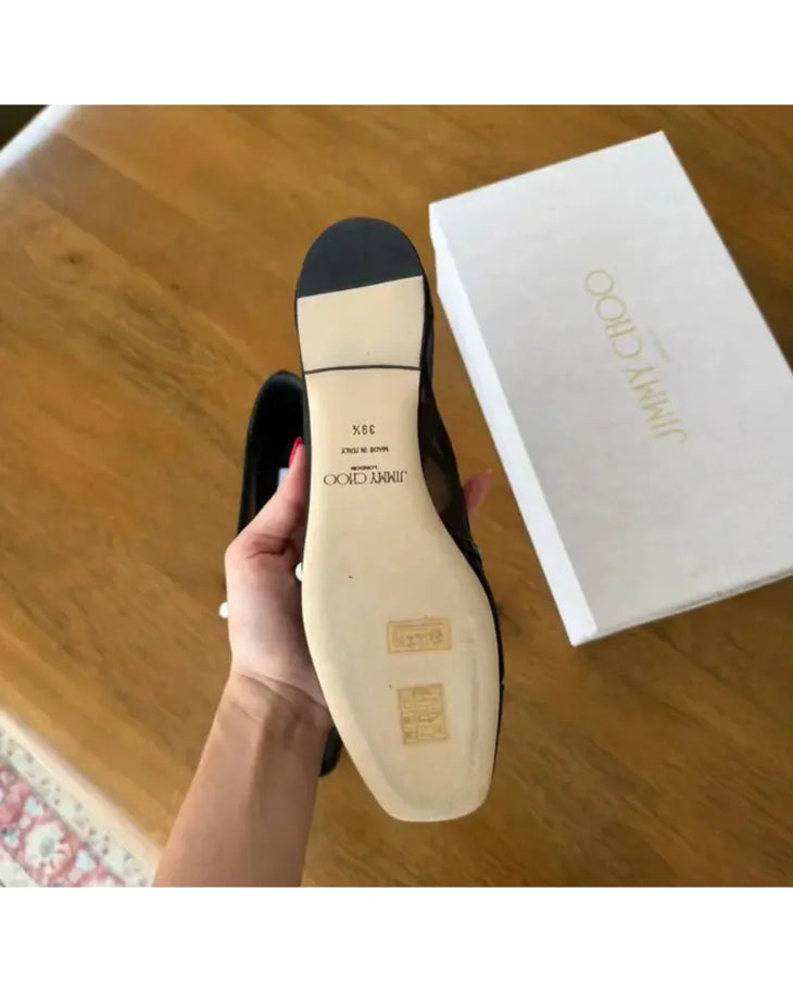 Black mesh ballet flats with patent leather toe cap and pearl-embellished strap detail — Jimmy Choo | Endless UAE