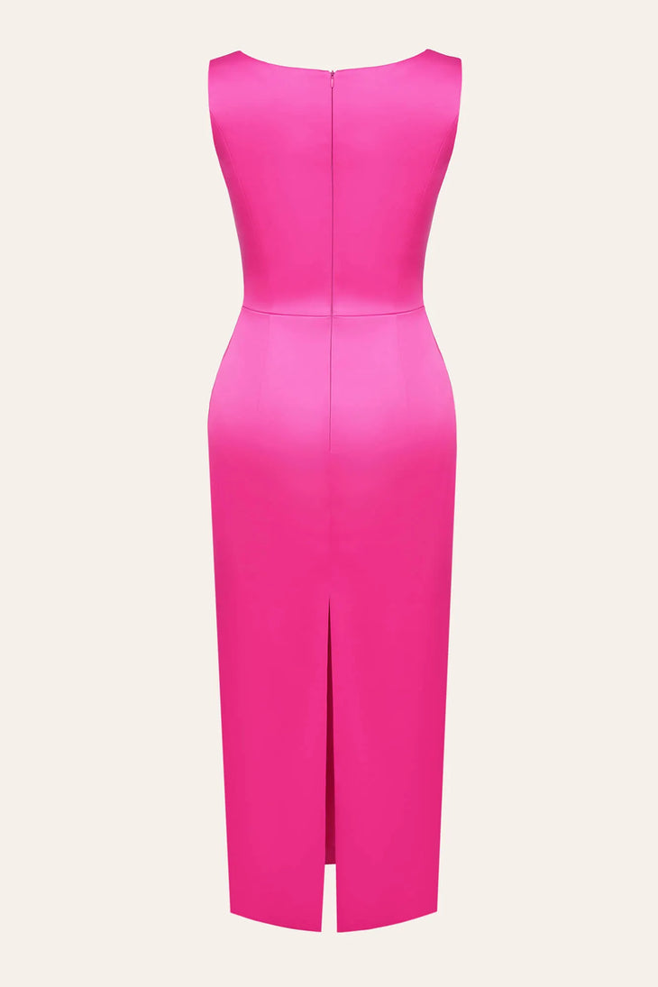 Hot pink sleeveless midi dress with square neckline and front slit — Post Meridiem | Endless UAE