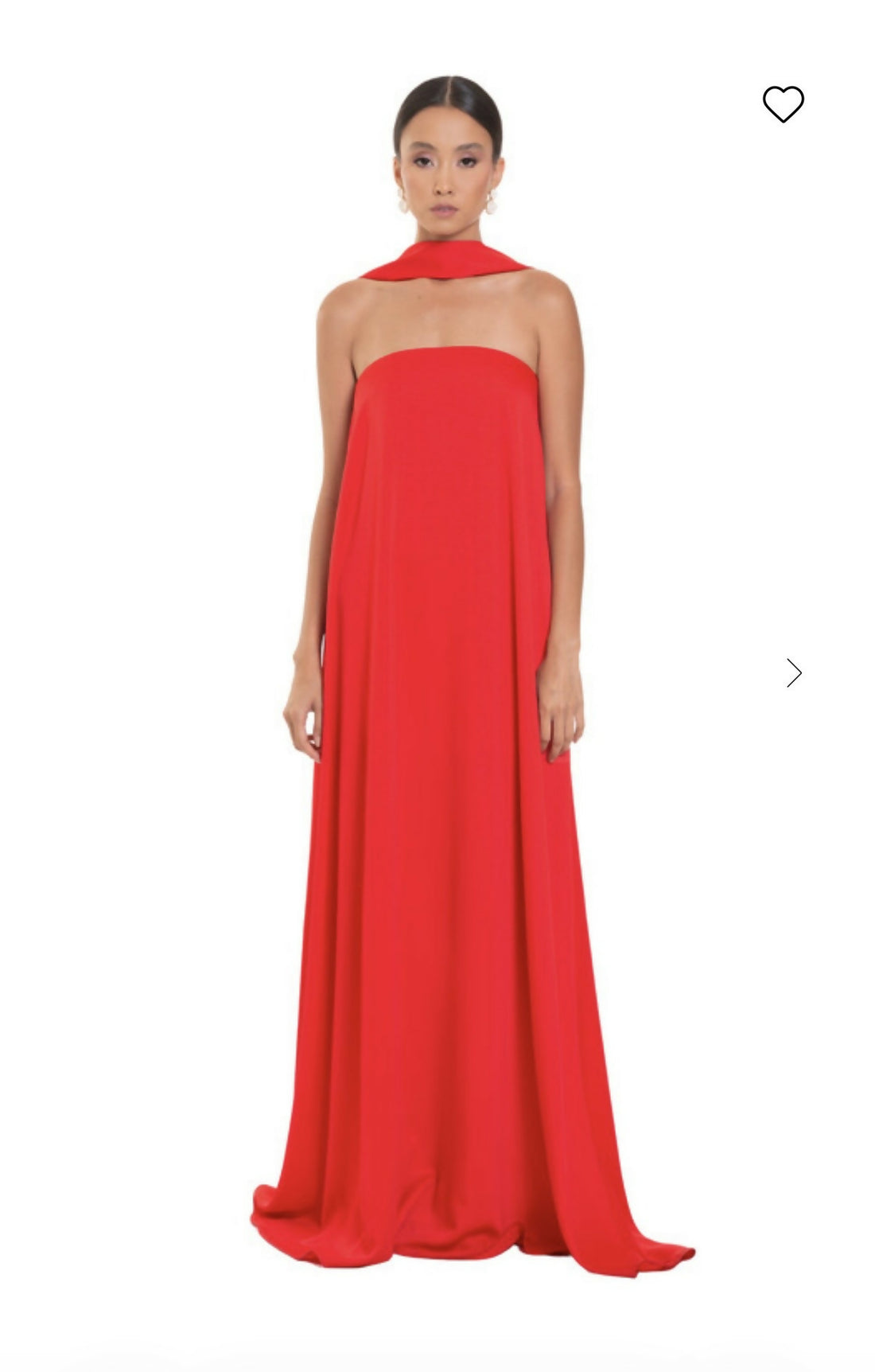 Floor-length strapless red evening gown with detachable neck tie and flowing A-line silhouette — The Concept | Endless UAE