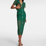 Green lace midi dress with button details and short flutter sleeves — Self-Portrait | Endless UAE