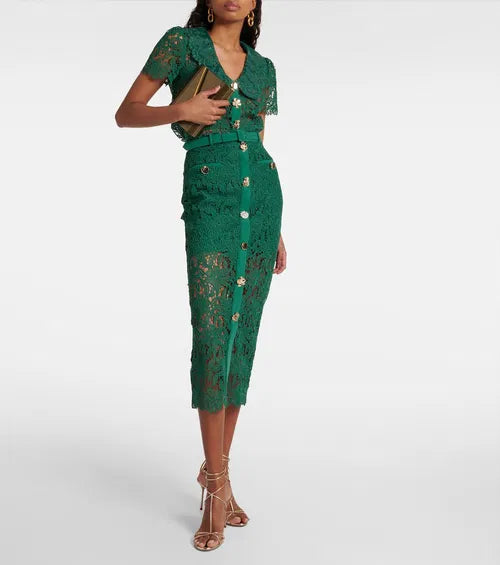 Green lace midi dress with button details and short flutter sleeves — Self-Portrait | Endless UAE