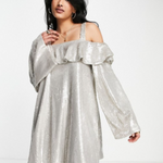 Sequin Bardot Flute Sleeve Dress-Silver - Endless - UAE Rental and Resale for Women's Fashion