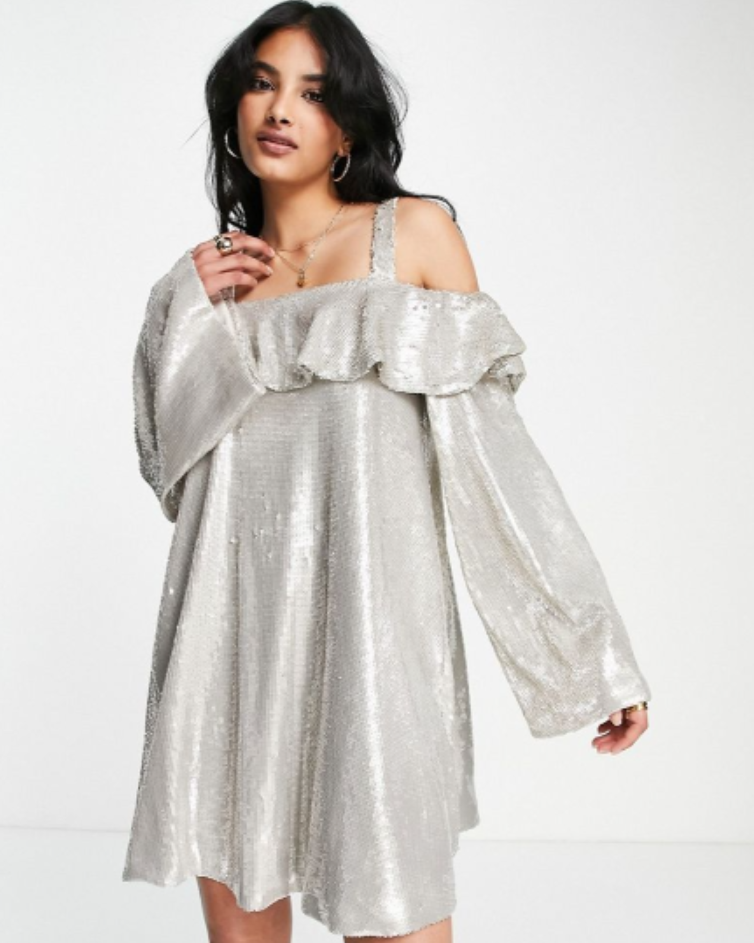 Sequin Bardot Flute Sleeve Dress-Silver - Endless - UAE Rental and Resale for Women's Fashion