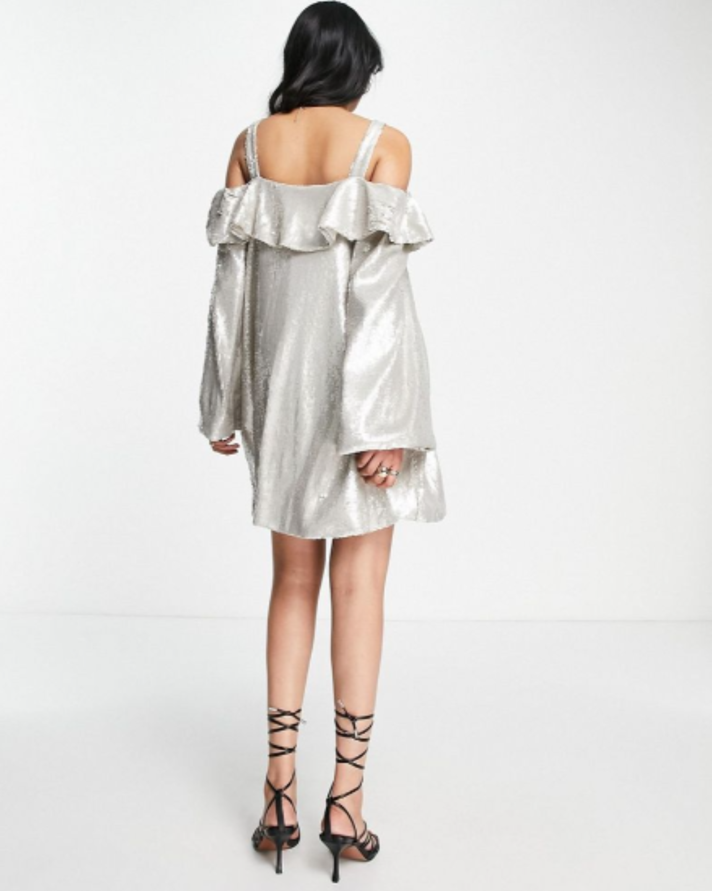Sequin Bardot Flute Sleeve Dress-Silver - Endless - UAE Rental and Resale for Women's Fashion