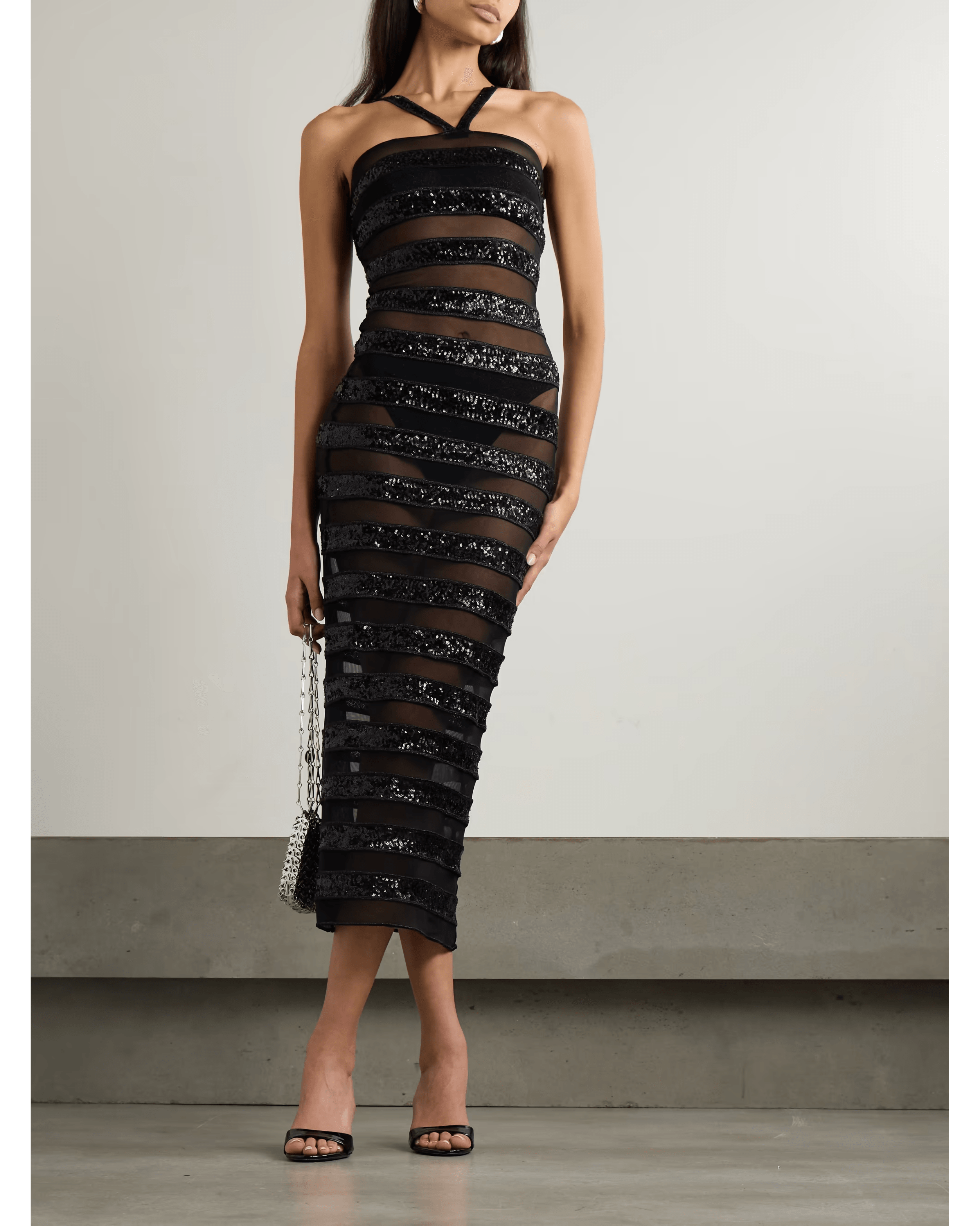 Sequin Embellished Striped Stretch Tulle Dress - Endless - UAE Rental and Resale for Women's Fashion