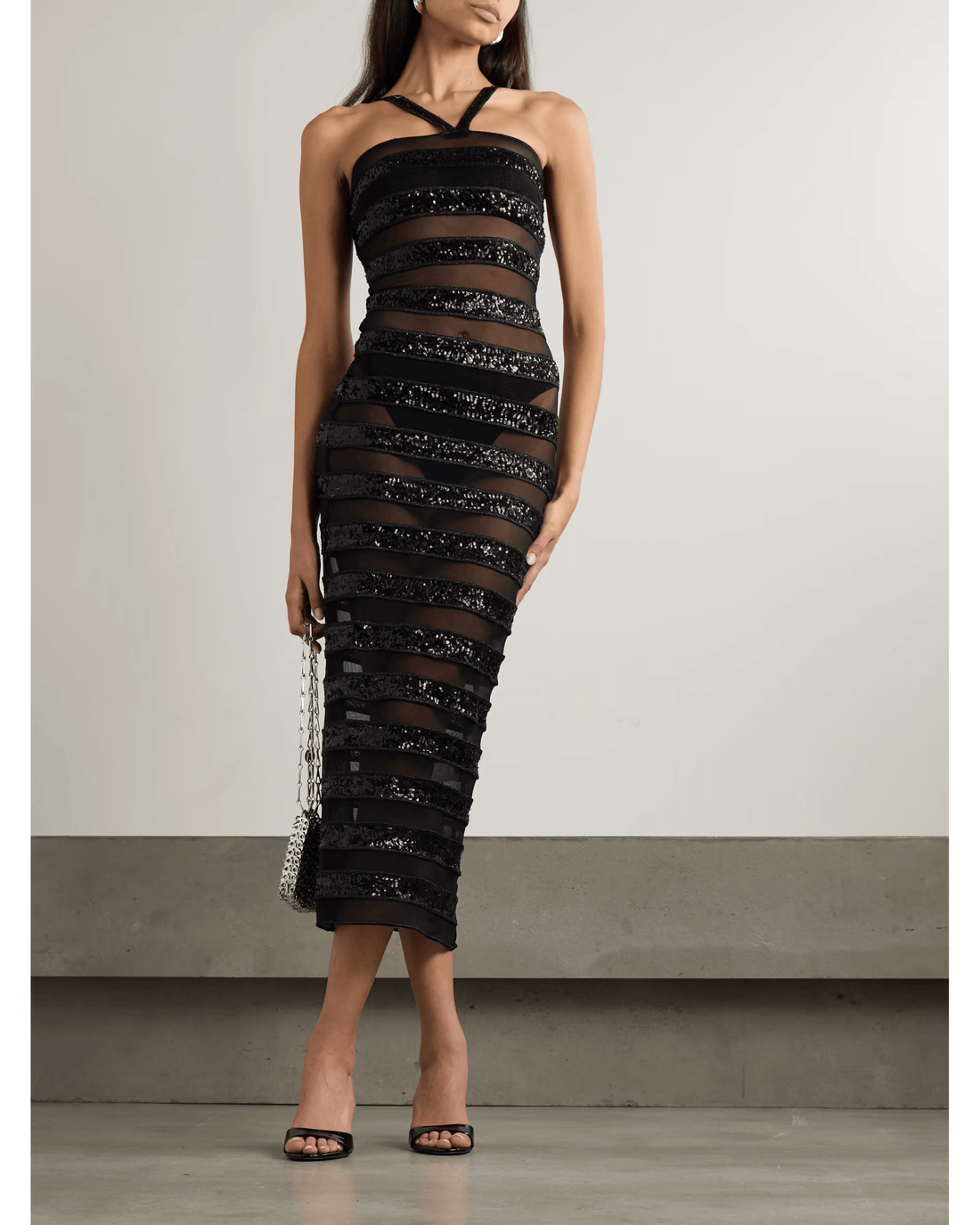 Sequin Embellished Striped Stretch Tulle Dress - Endless - UAE Rental and Resale for Women's Fashion