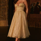 Woman wearing gold metallic lace tulle strapless midi gown with ruched waist — House of CB | Endless UAE