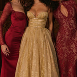 Woman wearing gold metallic lace tulle strapless midi gown with ruched waist — House of CB | Endless UAE