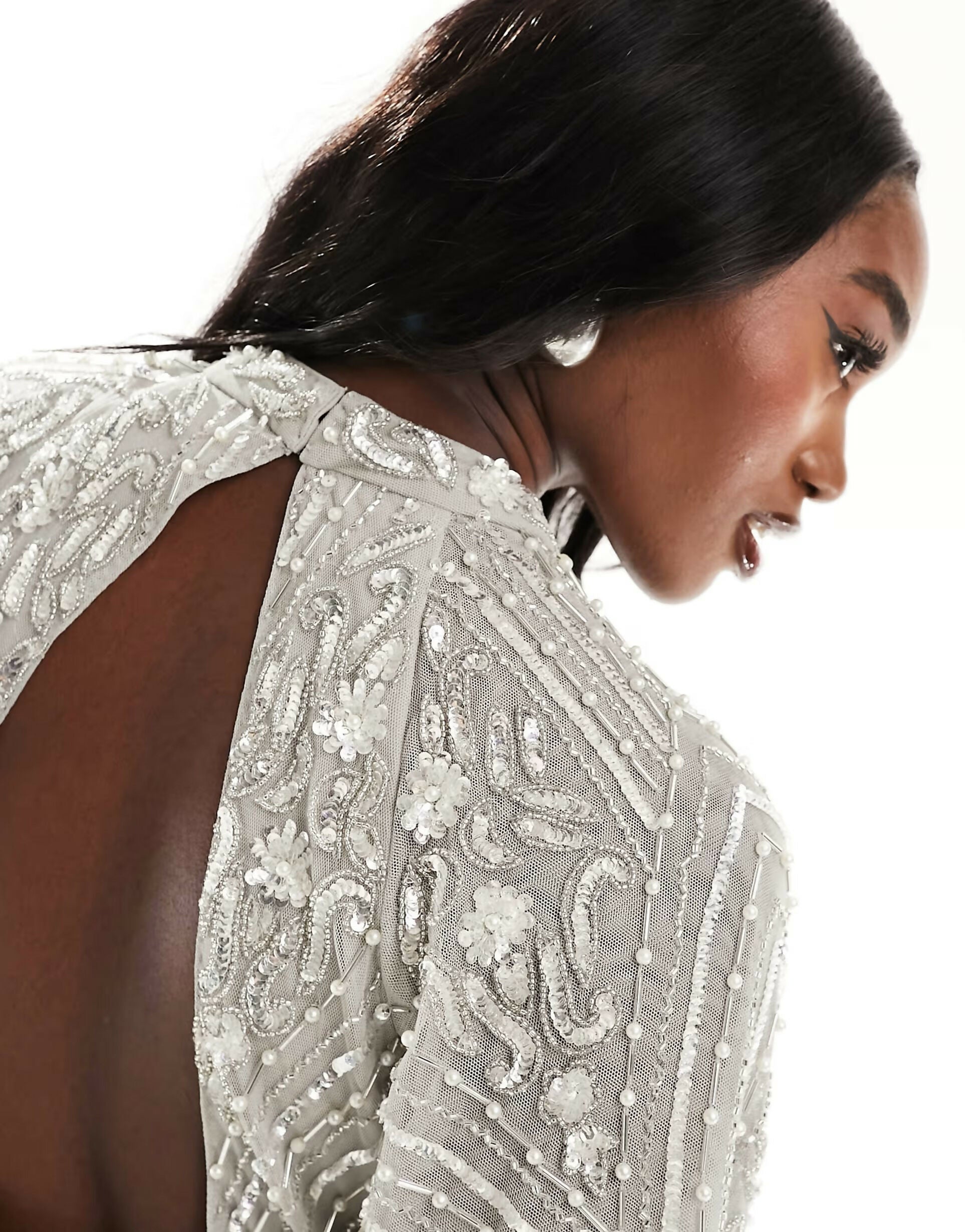 Silver All Over Embellished Maxi Dress with Flutter Sleeve and Open Back - Endless - UAE Rental and Resale for Women's Fashion