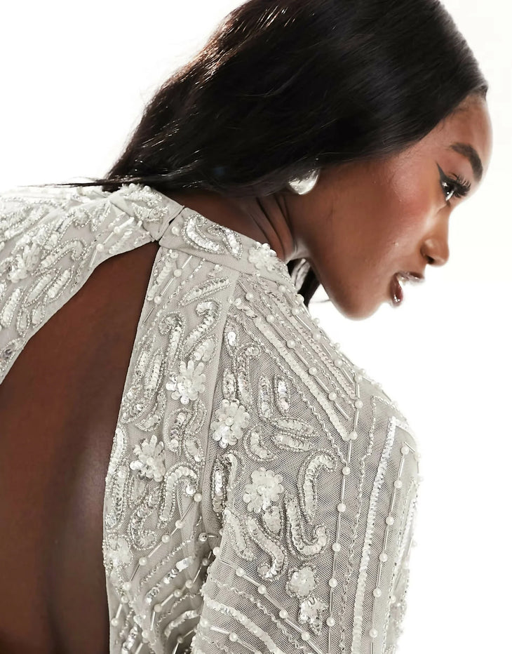 Silver All Over Embellished Maxi Dress with Flutter Sleeve and Open Back - Endless - UAE Rental and Resale for Women's Fashion