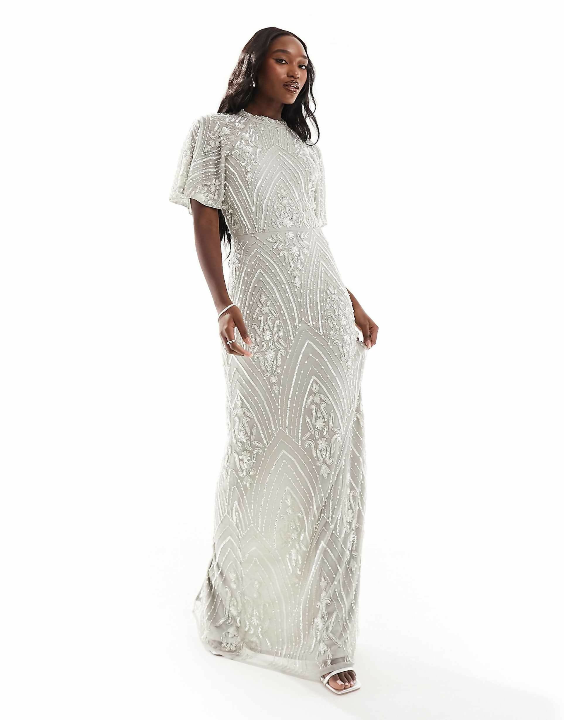 Silver All Over Embellished Maxi Dress with Flutter Sleeve and Open Back - Endless - UAE Rental and Resale for Women's Fashion