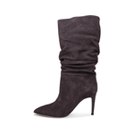 Grey suede slouchy knee-high boots with pointed toe and stiletto heel — Paris Texas | Endless UAE