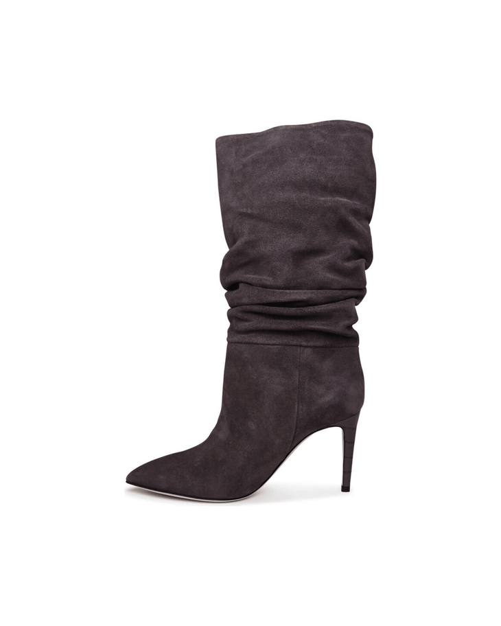 Grey suede slouchy knee-high boots with pointed toe and stiletto heel — Paris Texas | Endless UAE