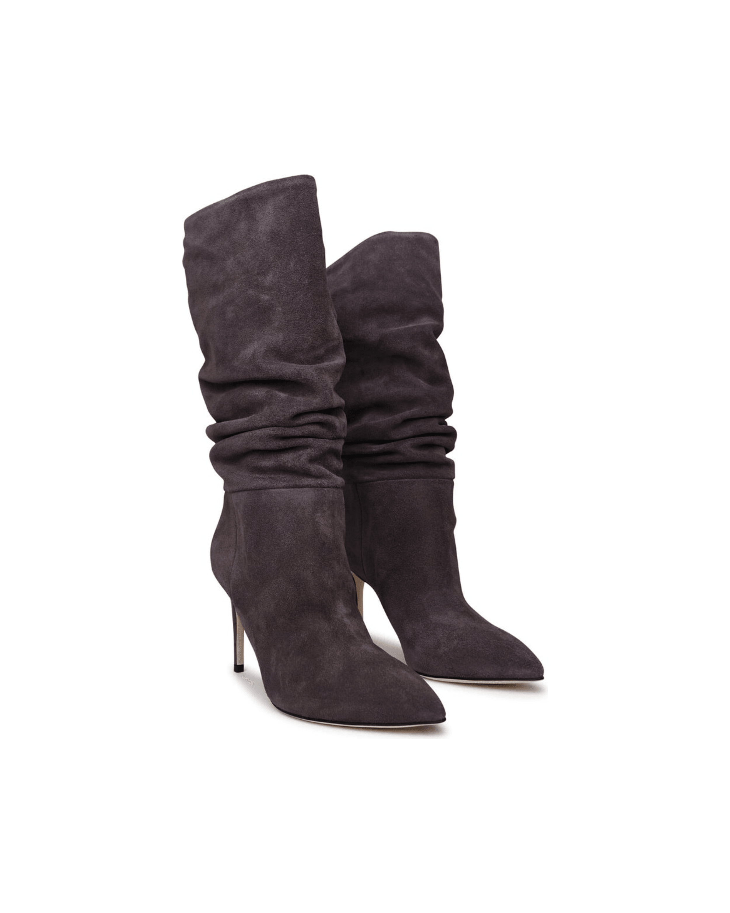 Grey suede slouchy knee-high boots with pointed toe and stiletto heel — Paris Texas | Endless UAE