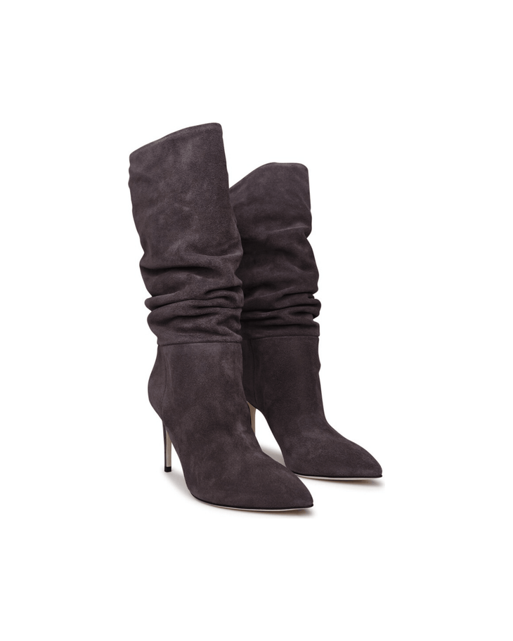Grey suede slouchy knee-high boots with pointed toe and stiletto heel — Paris Texas | Endless UAE