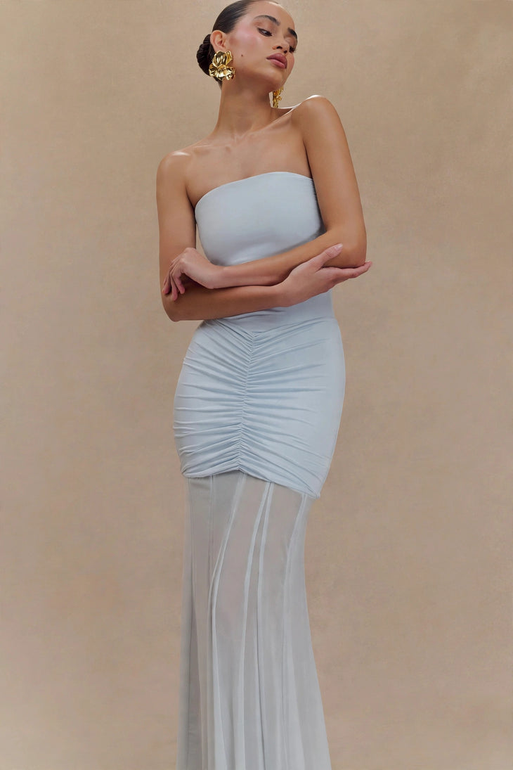 Light blue off-shoulder maxi dress with ruched waist and mesh skirt detail — Meshki | Endless UAE