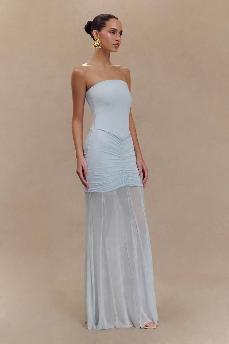 Light blue off-shoulder maxi dress with ruched waist and mesh skirt detail — Meshki | Endless UAE